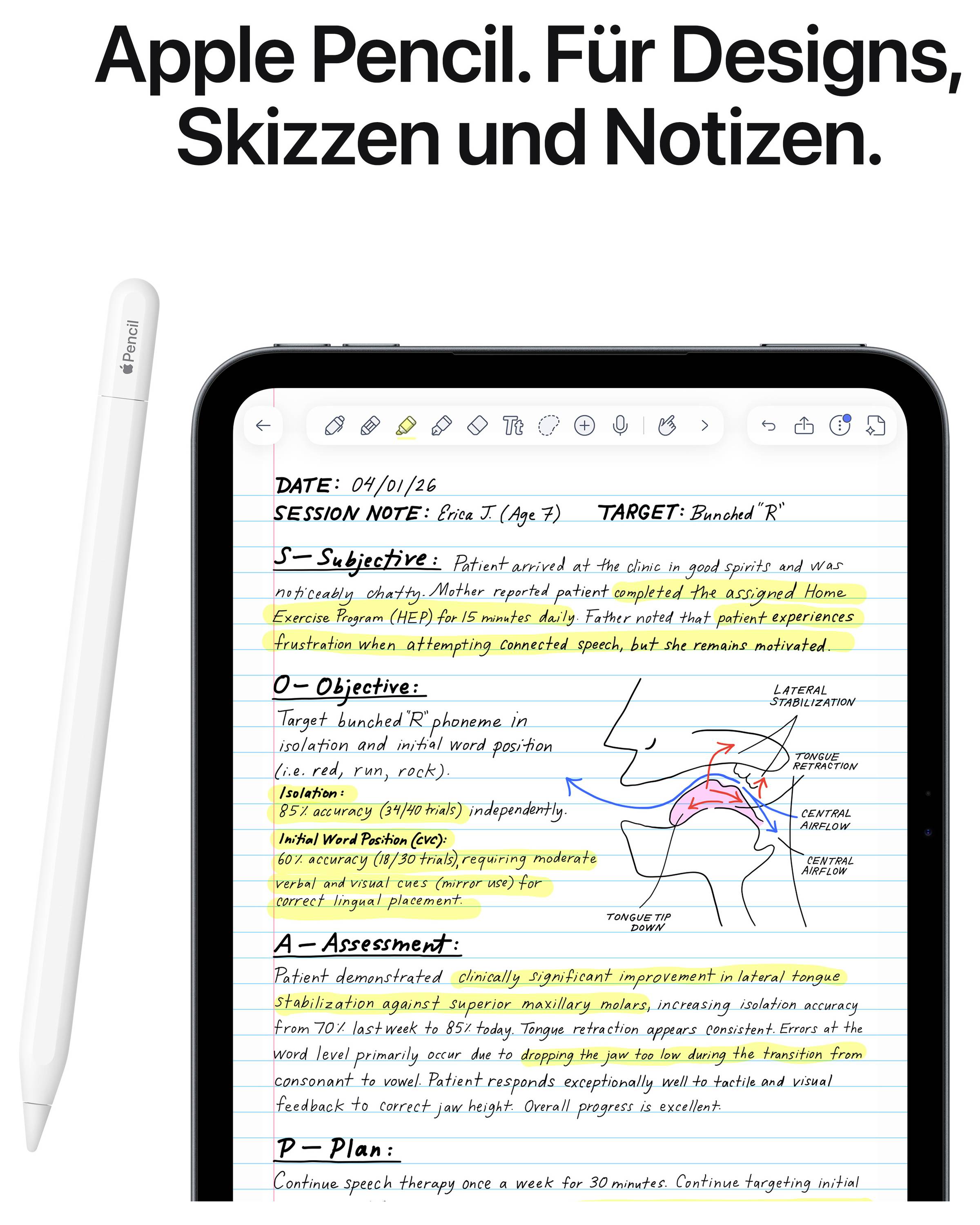 Reklama na Apple Pencil; nahoře text „Apple Pencil. Pro návrhy, skici a poznámky.“, pod ním iPad s rukou psanými poznámkami a skicami, vlevo vedle něj stylus.