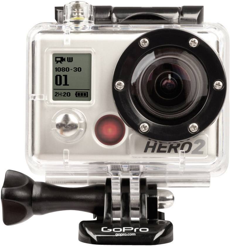 Fotoaparát GoPro HERO2 s pouzdrem. Displej zobrazuje nahrávací informace: 1080-30, 01 snímek, doba nahrávání 2:20, režim: Video.