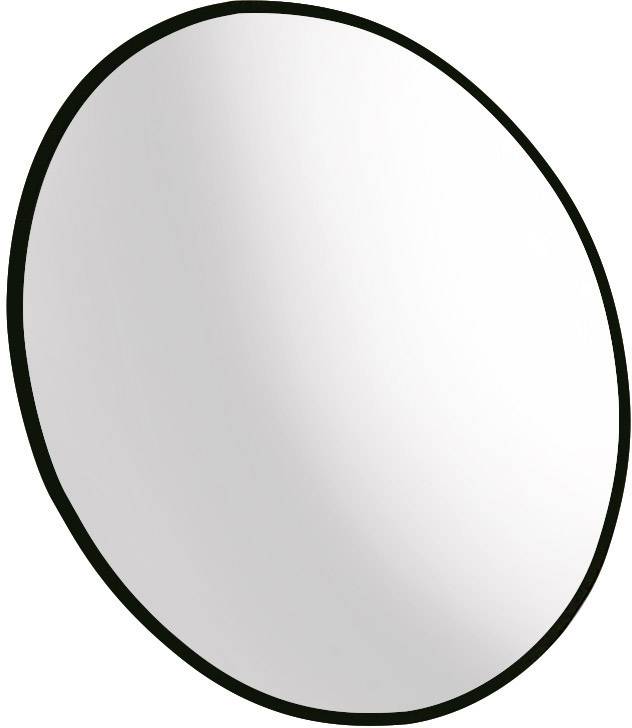 Oválné zrcadlo s černým rámem, které neukazuje žádné odrazy.