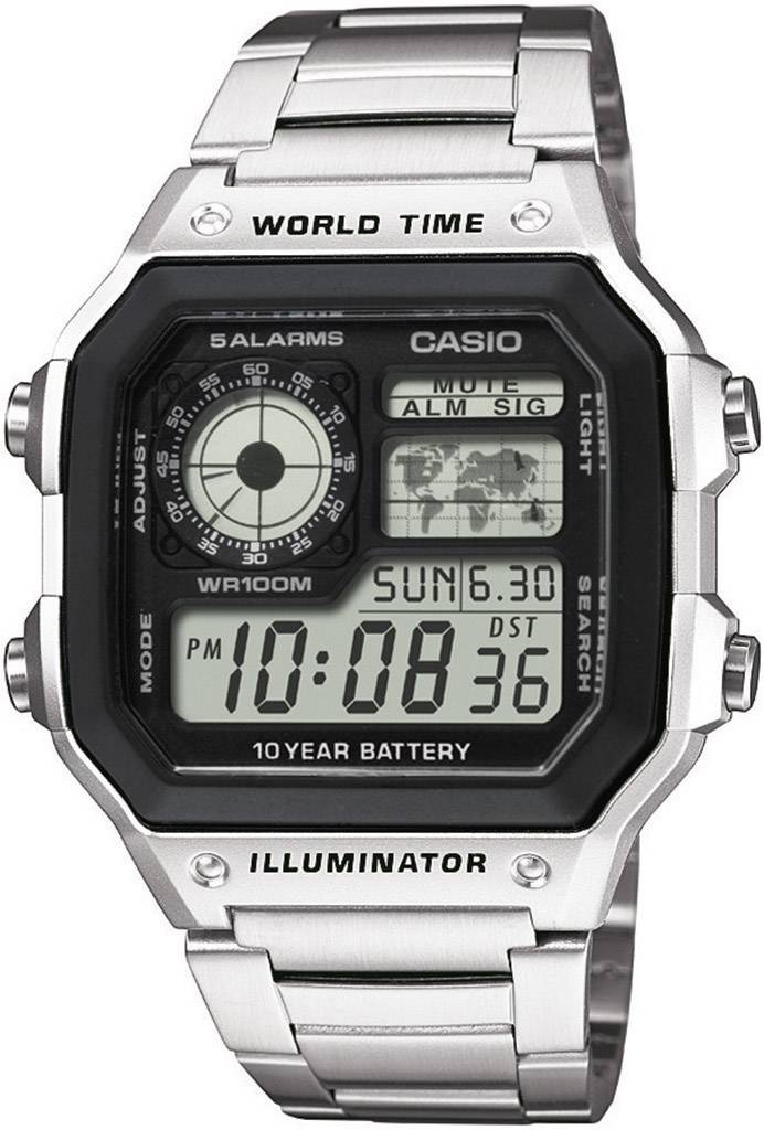 Stříbrné hodinky Casio s digitálním displejem, čas 10:08, datum 'NE 6.30', stopky, světový čas, pět budíků a podsvícení.