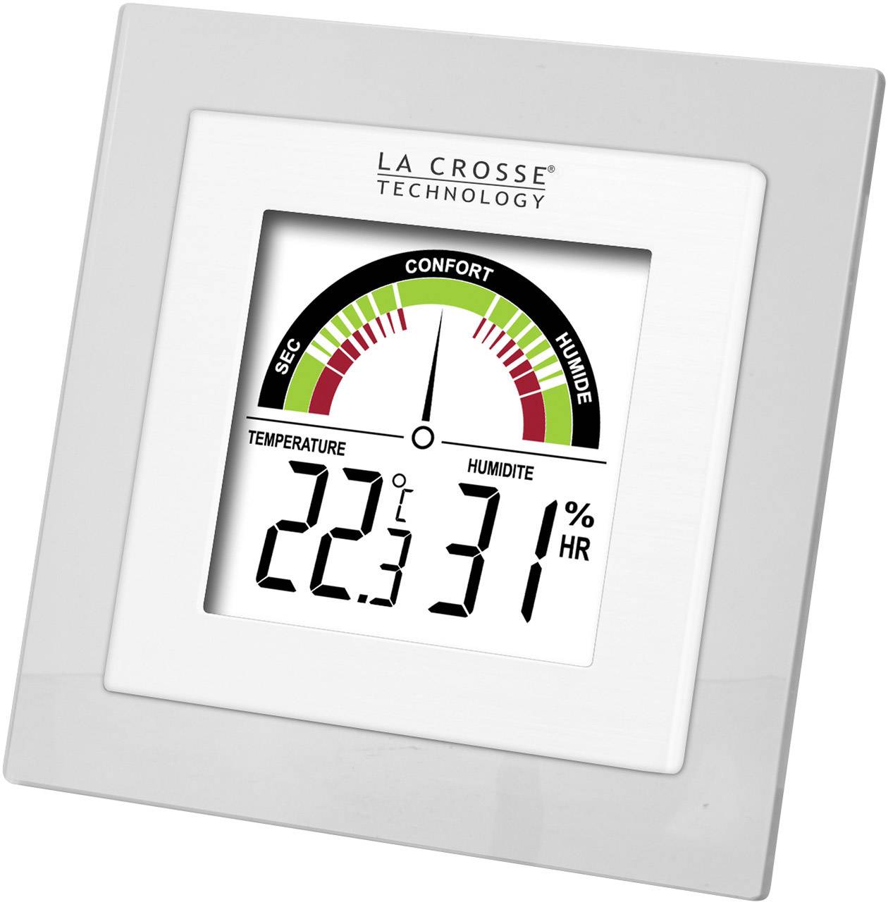 Digitální teploměr a vlhkoměr s aktuálním zobrazením teploty 22,3 °C a vlhkosti vzduchu 31 %.