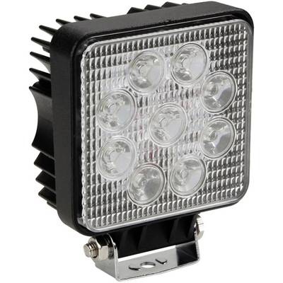 Čtvercová LED pracovní svítilna s devíti světly na čtvercové ploše, upevněná na nastavitelném držáku.
