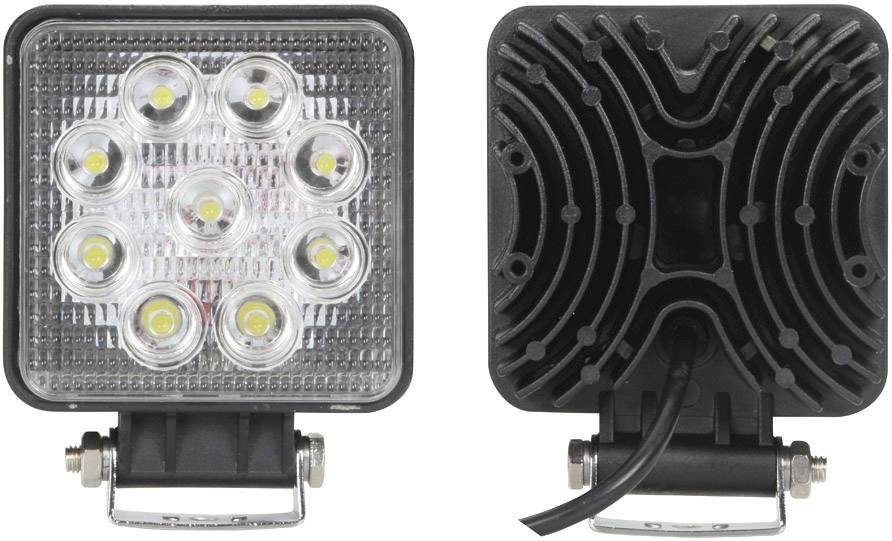 Čtvercová LED lampa s 9 čočkami, pohled zepředu a zezadu. Přední strana ukazuje čočky, zadní strana zobrazuje kabelové připojení. Vhodná pro osvětlení.