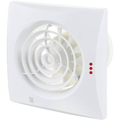 Bílý ventilátor s kruhovým mřížováním a třemi červenými kontrolkami na pravé straně.
