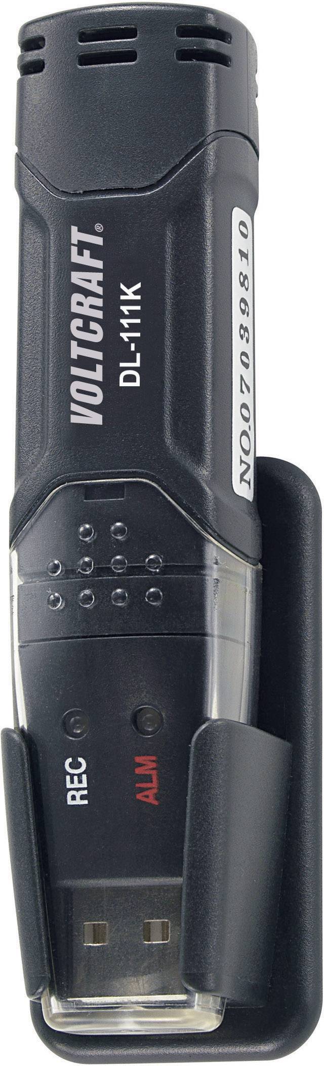Digitální zařízení s názvem 'Voltcraft DL-111K' ve formátu USB flash disku pro záznam dat, vybavené indikačními LED diodami a držákem.