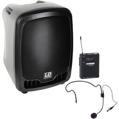 Přenosný reproduktorový systém s bezdrátovým headsetovým mikrofonem a vysílačem, vhodný pro mobilní audio aplikace.
