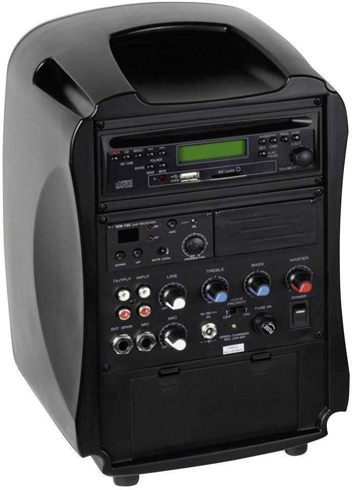 Přenosný audiosystém s reproduktory a ovládacími prvky na přední straně. Disponuje vstupy pro linkový vstup, mikrofon a různými regulátory.