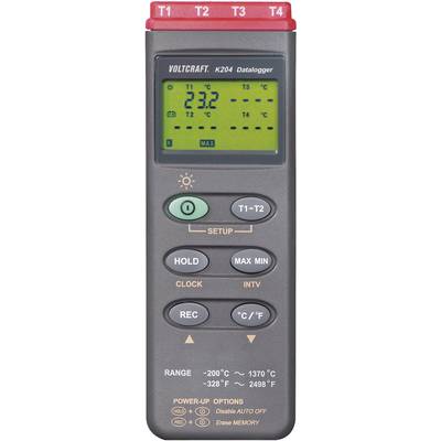 Obrázek zobrazuje digitální datalogger s displejem, který měří teploty v rozsahu od -200 °C do 1370 °C a je vybaven několika ovládacími tlačítky.