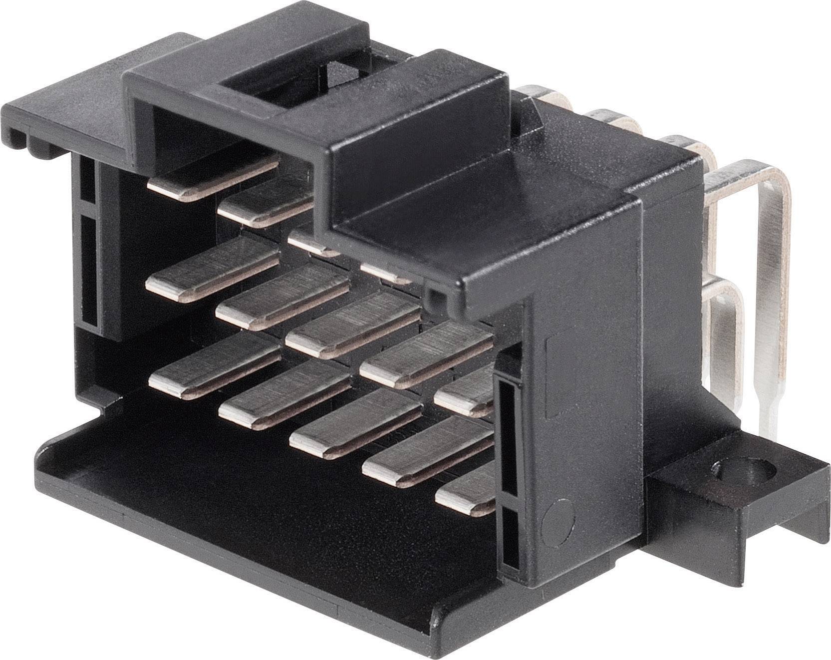 Černý plastový konektor s několika kovovými kolíky, používaný pro elektrické propojení v elektronických zařízeních.