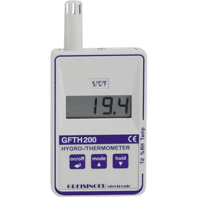 Digitální hygro-teploměr ukazuje 19,4 °C. Obsahuje tlačítka pro zapnutí/vypnutí, režim a podržení.