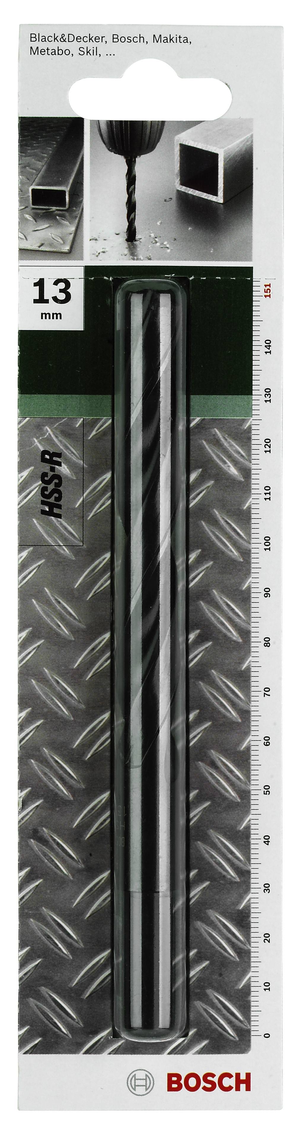 Vrták Bosch HSS-R do kovu, průměr 13 mm, vhodný pro vrtačky, balení zobrazuje obrázek vrtáku s kovovým povrchem.