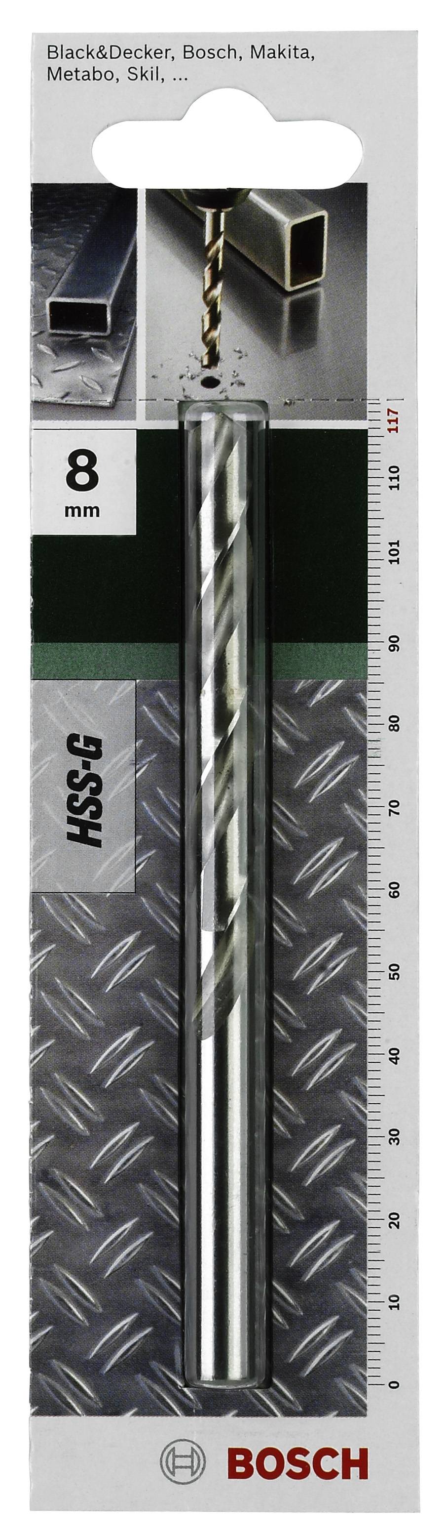 Vrták Bosch 8 mm, vhodný pro ocel a vrtání kovu. Balení zobrazuje špičku vrtáku a možnosti použití.