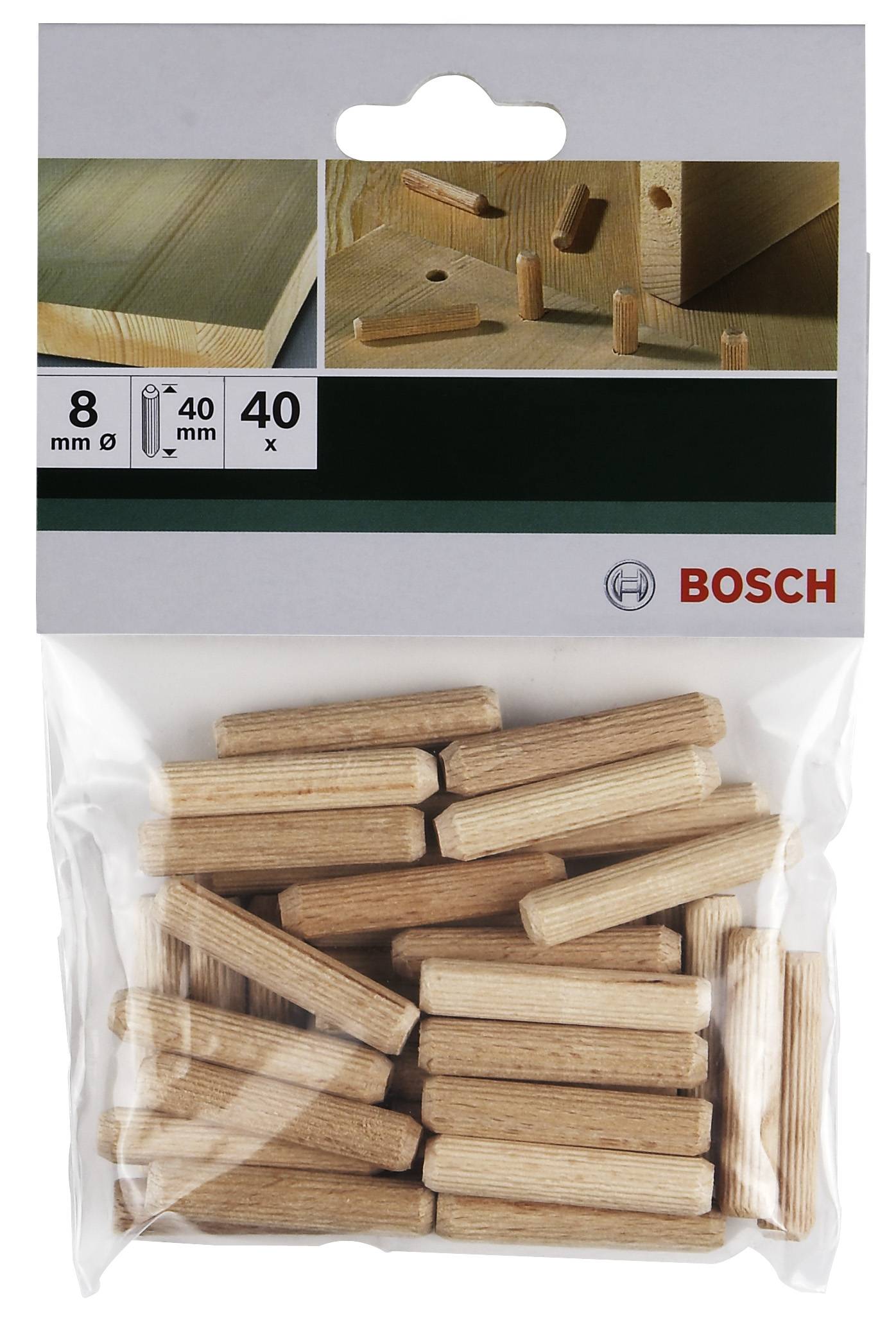 Balení 40 dřevěných kolíků Bosch, průměr 8 mm, délka 40 mm, zobrazené s příklady použití na obalu.
