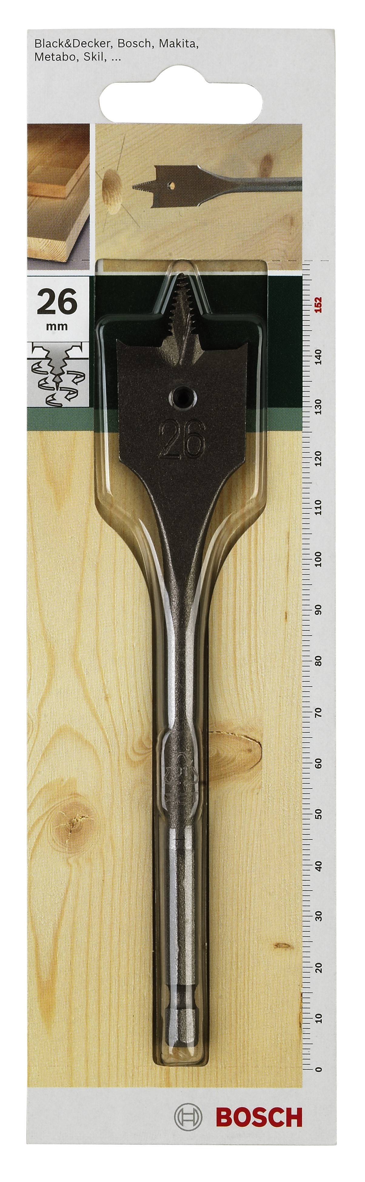 'Bosch plochý vrtací vrták, 26 mm, kompatibilní s vrtačkami značek Bosch, Makita a Metabo, balení s rozměrovými jednotkami pro referenci.'