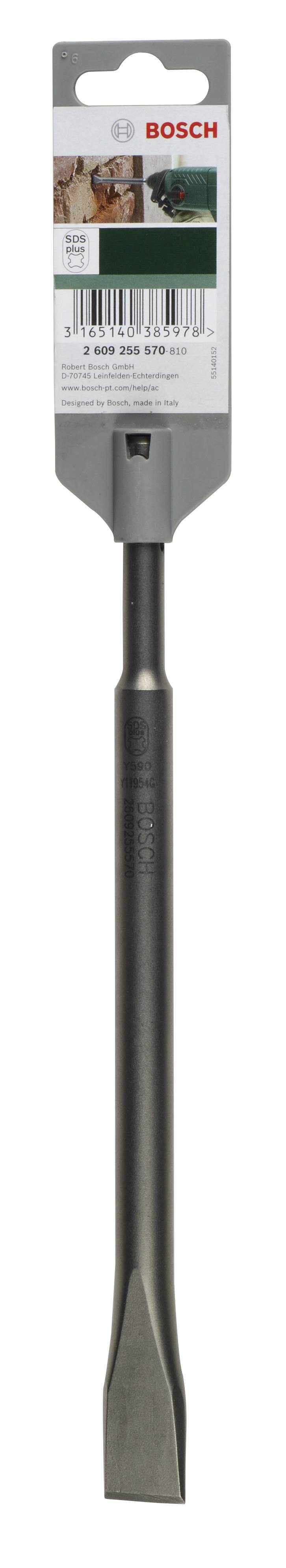 Špičatý sekáč Bosch SDS-plus, sekáč s šedým dříkem a štítkem, vhodný pro příklepové vrtáky, zobrazený na bílém pozadí.