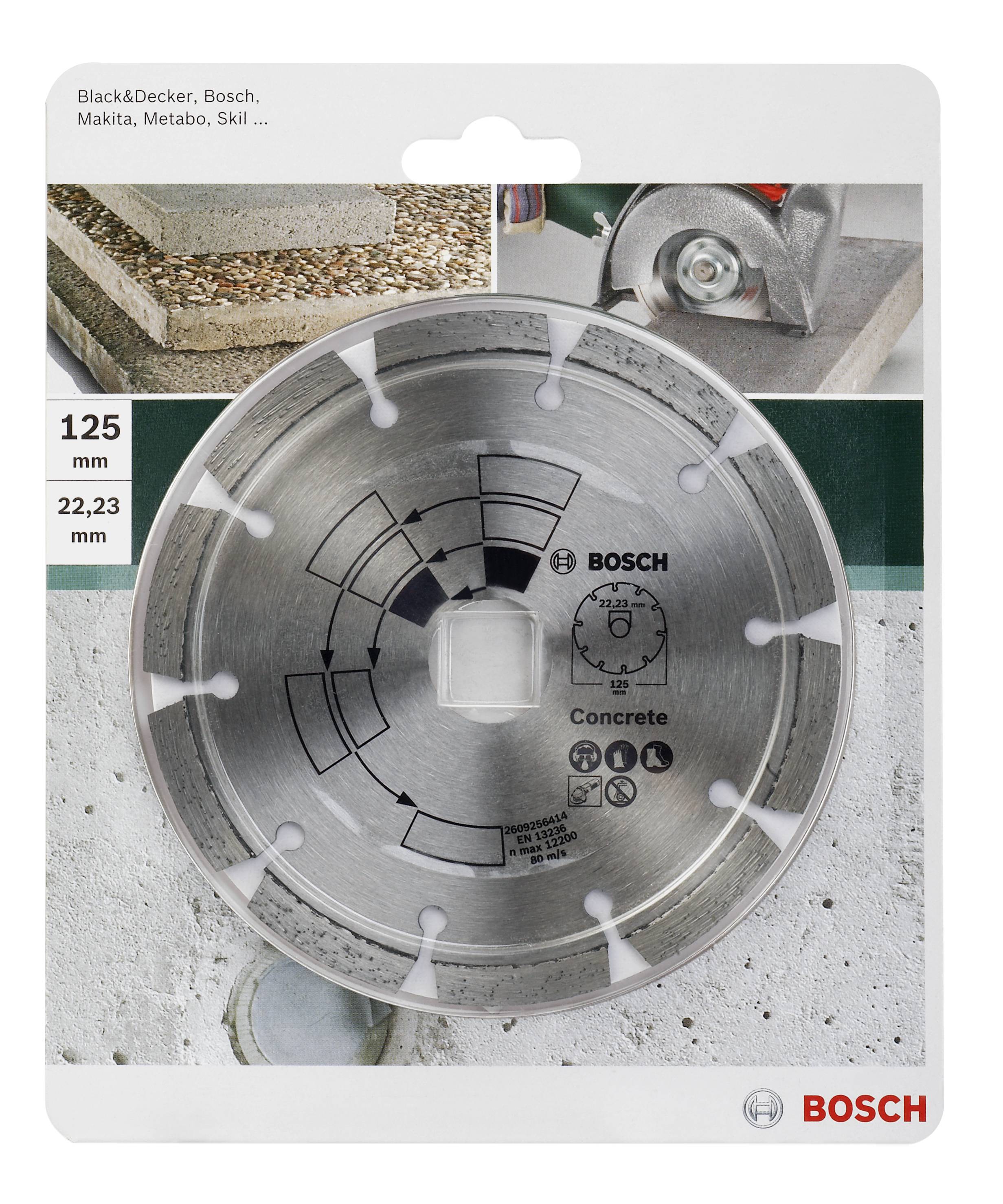Řezný kotouč Bosch pro betonové práce o průměru 125 mm, zobrazený v originálním obalu s příklady použití v pozadí.