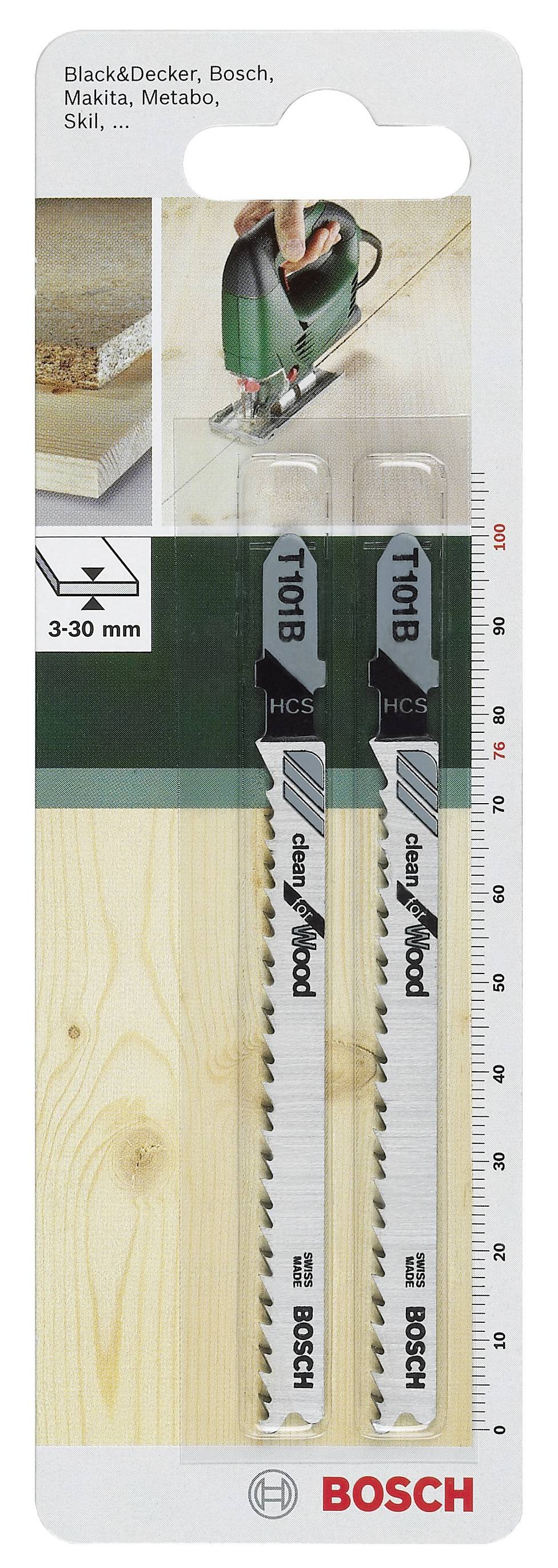 Bosch pilové plátky, 2-dílná sada, na dřevo, tloušťka 3-30 mm. Fotografie zobrazuje balení se dvěma pilovými plátky a přímočarou pilou.