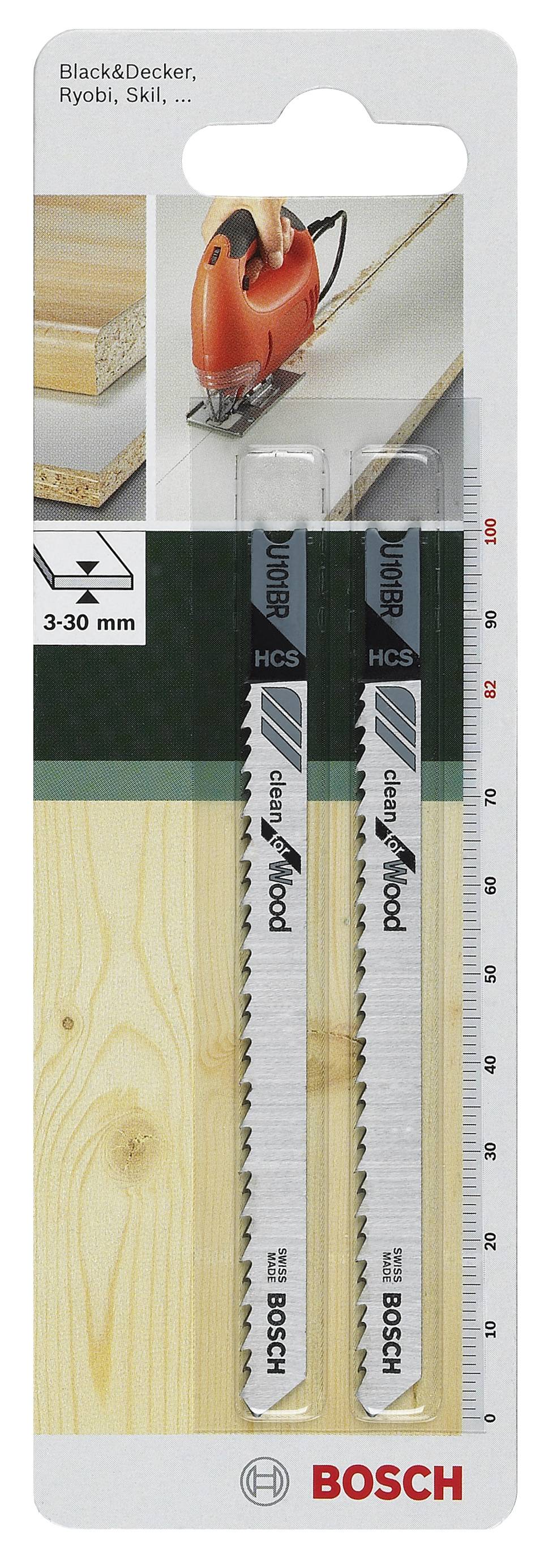 Balení se dvěma pilovými listy Bosch. Vhodné pro práce se dřevem o tloušťce 3-30 mm. Kompatibilní s různými značkami přímočarých pil.