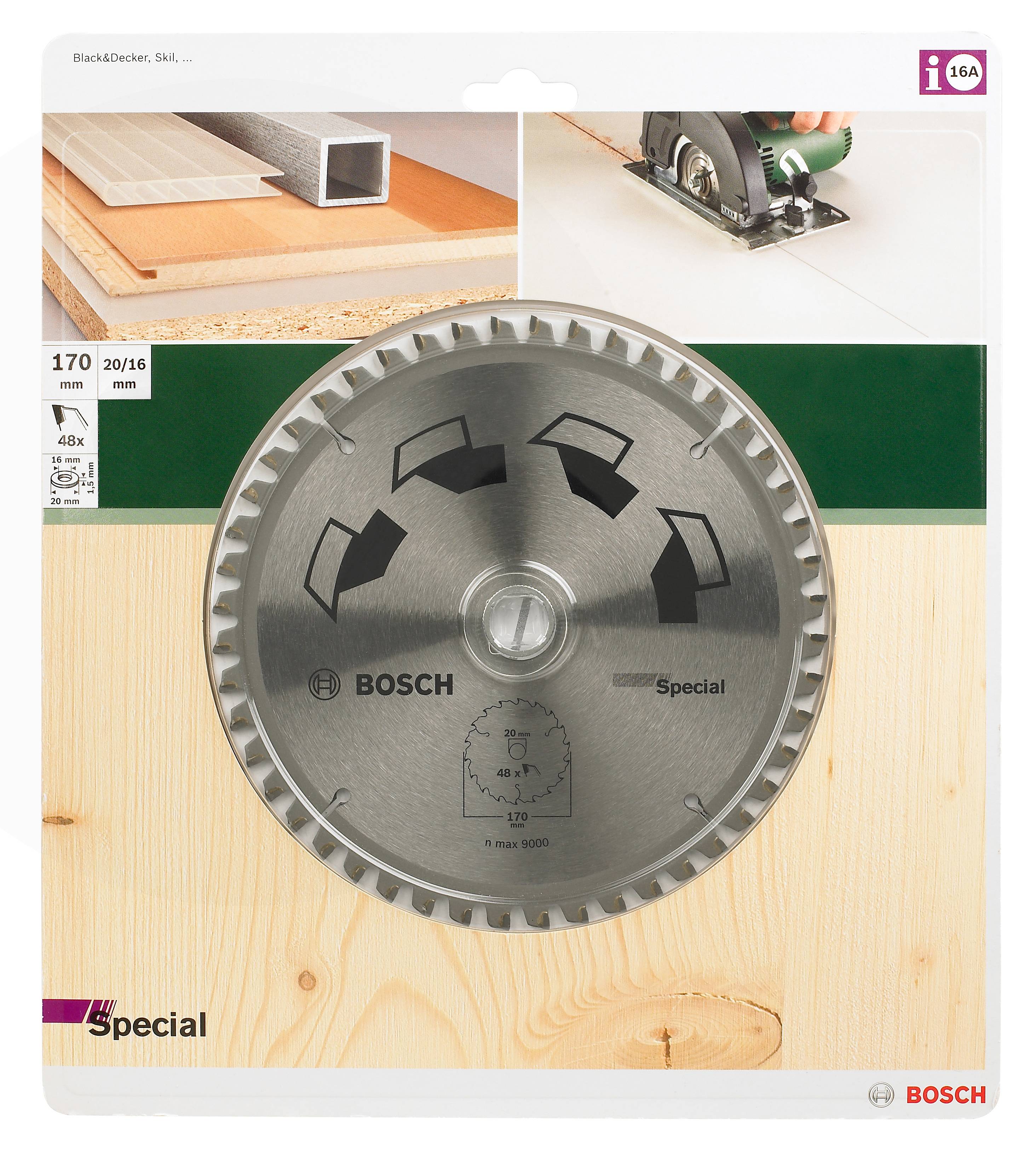 Pilový list Bosch pro opracování dřeva, průměr 170 mm, upínací otvor 20/16 mm, vhodný pro speciální řezy, zobrazený na dřevěném podkladu.