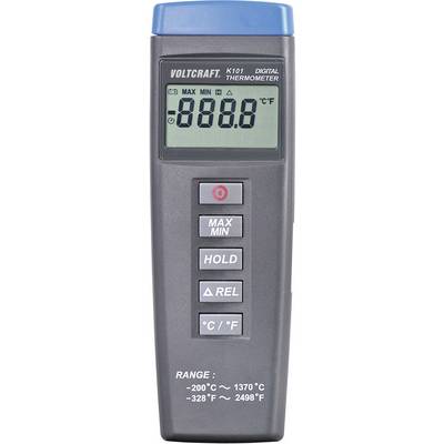 Digitální teploměr s displejem zobrazuje '888.8'. Tlačítka pro Max/Min, Hold, Rel a °C/°F. Rozsah měření od -200°C do 1370°C.