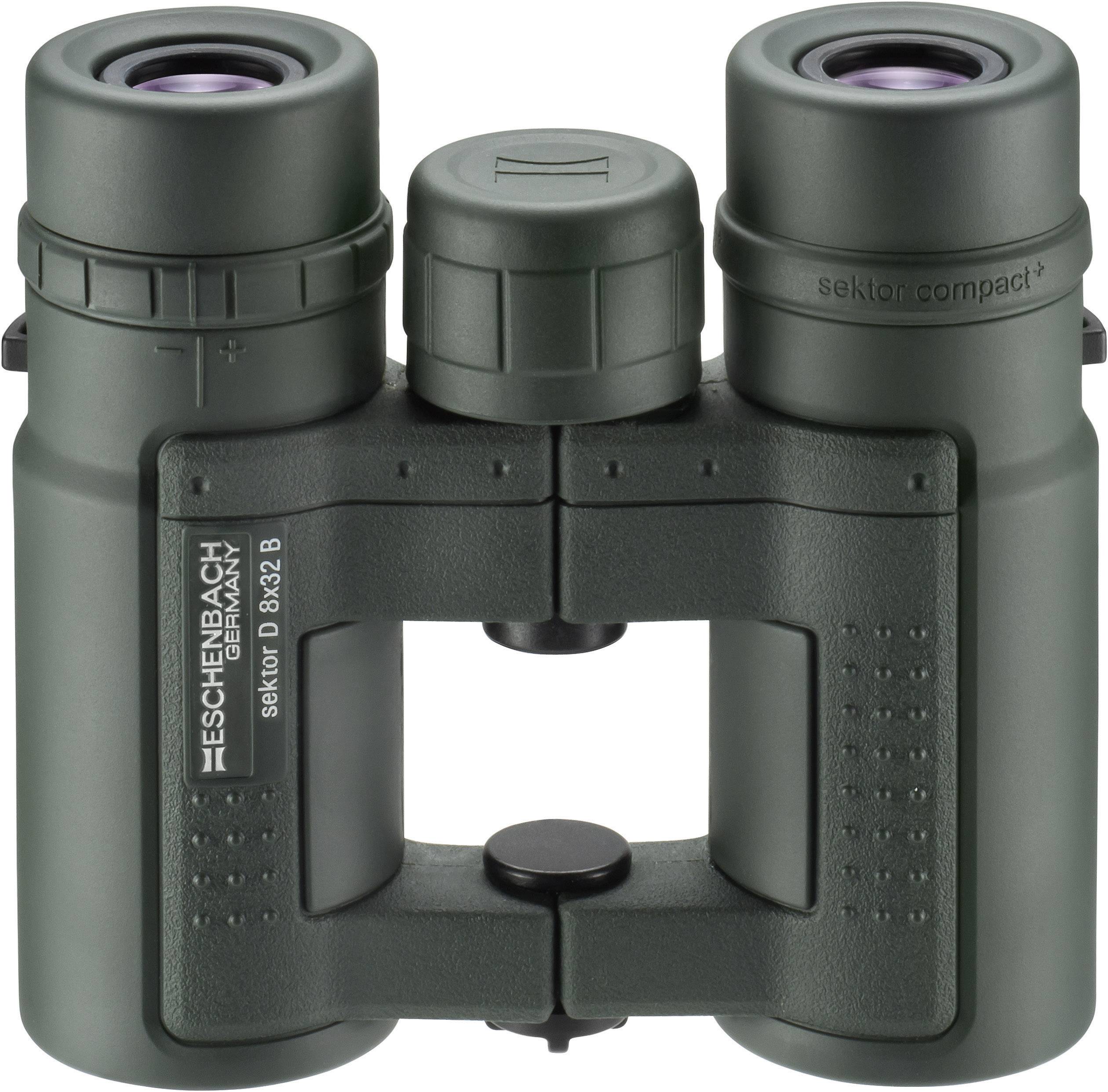 Dalekohled v tmavě zelené barvě s ergonomickým designem a nápisem 'Sektor D 8x32 B' na boku.