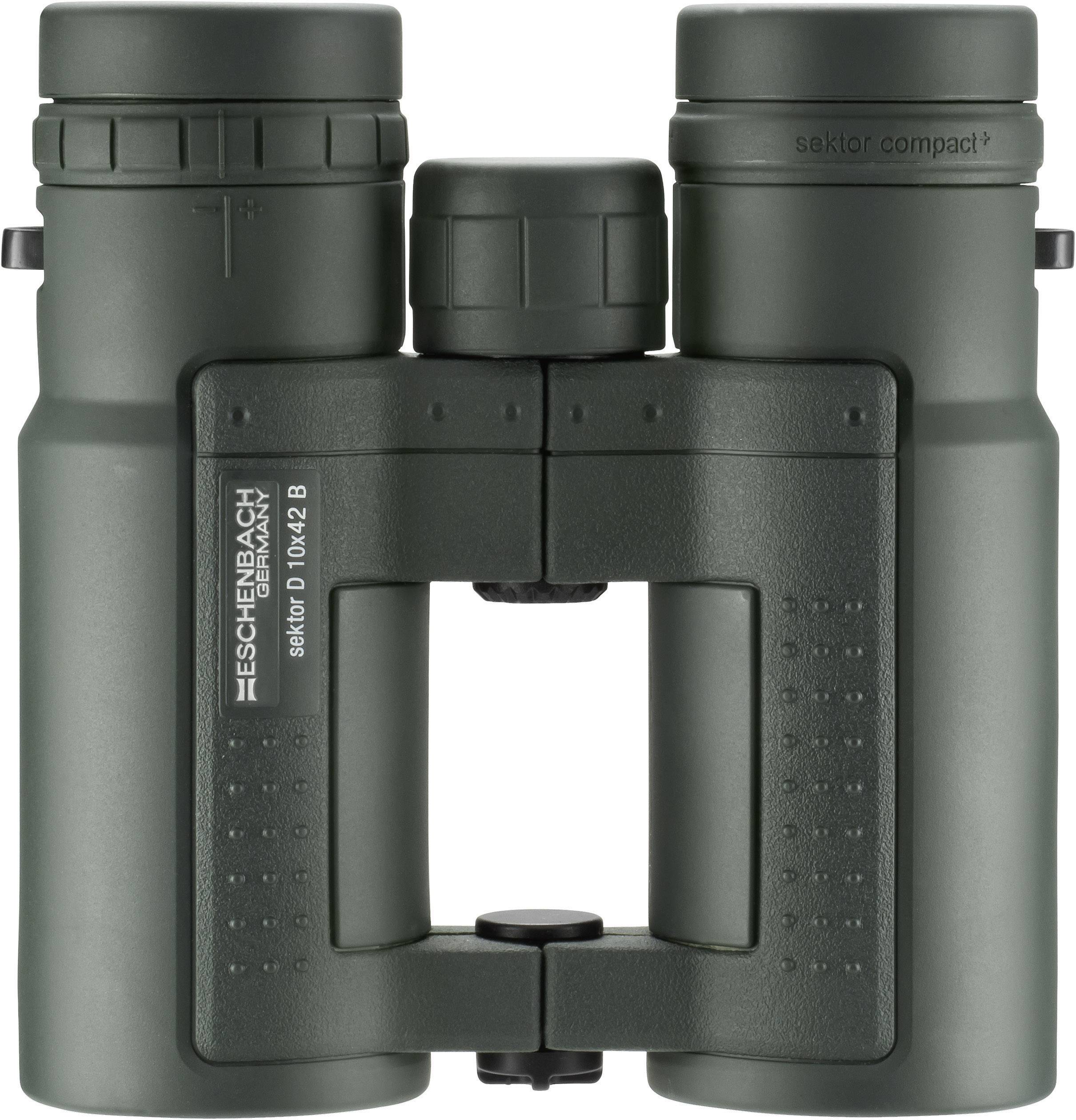 Zelený dalekohled s nápisem 'Eschenbach sektor compact+ 8x42'. Robustní a kompaktní, vhodný pro použití ve venkovním prostředí.