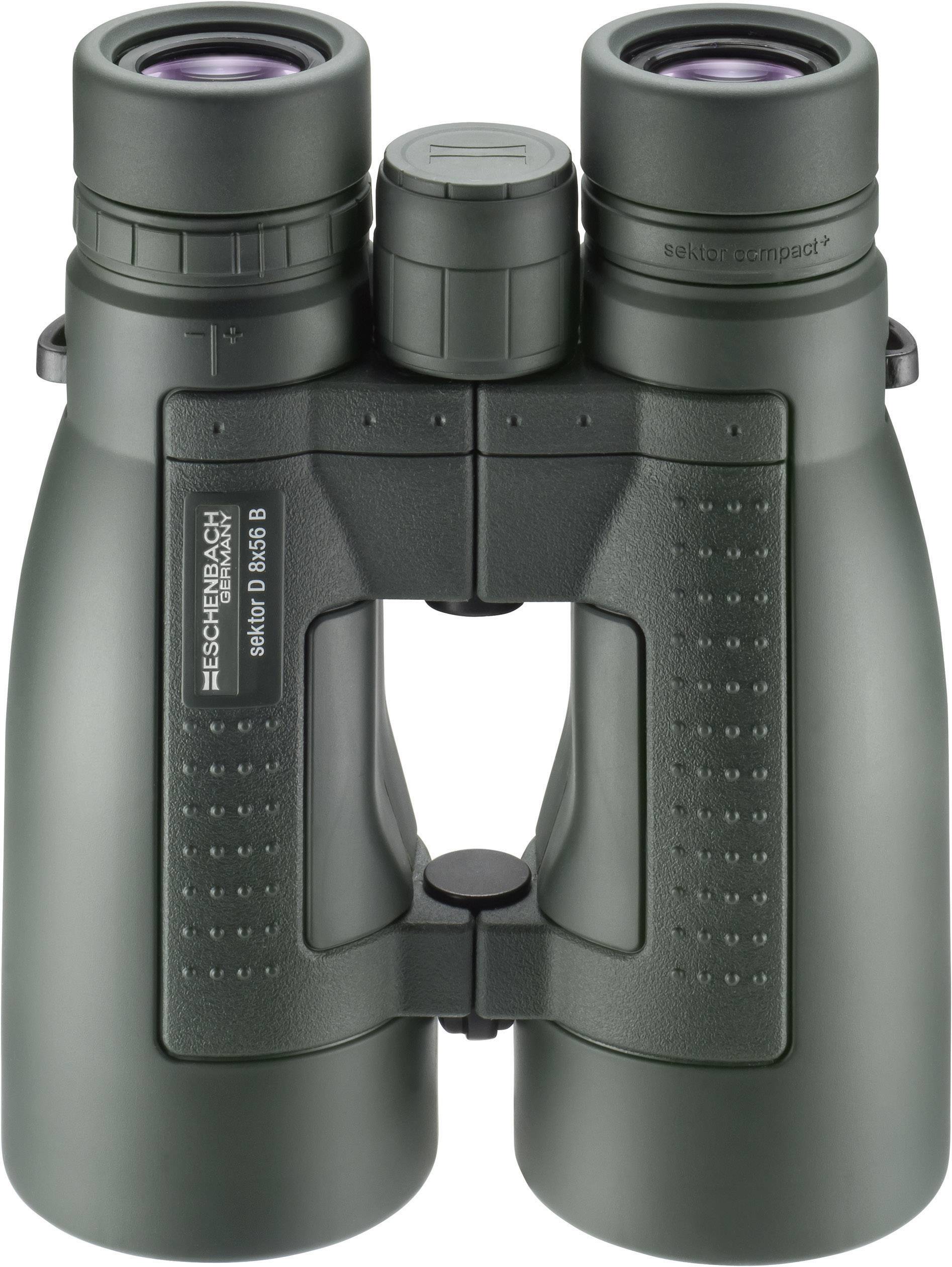 Dalekohled s gumovou zelenou úpravou, dvěma okuláry a centrálním ostřicím kolečkem. Na modelu je viditelné označení 'sector D 8x56 B'.
