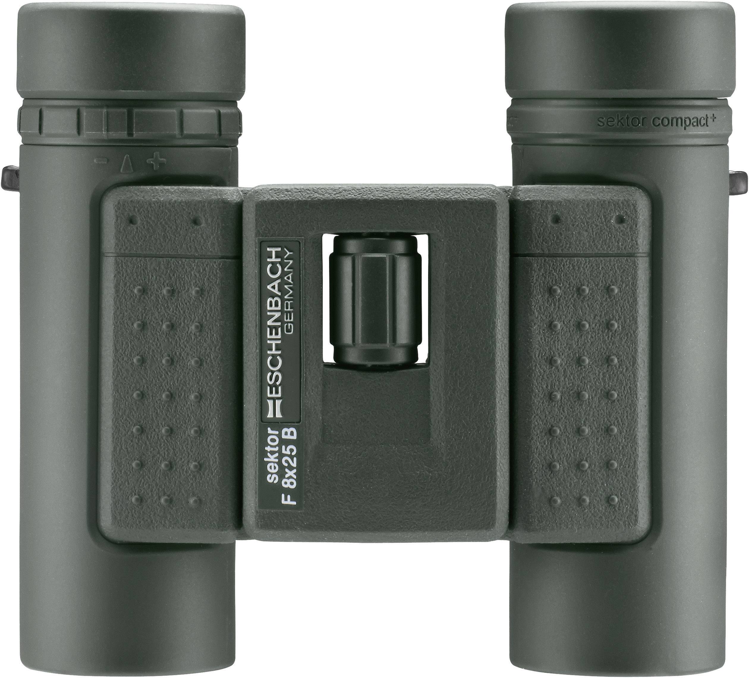 Zelený dalekohled značky Eschenbach, model Sektor F 8x25 B, s gumovaným povrchem a kompaktní konstrukcí.