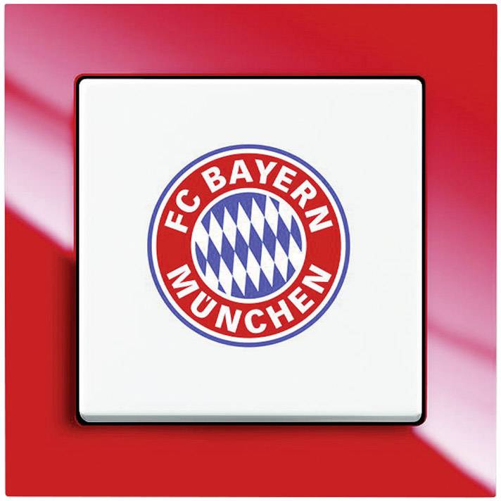 Logo fotbalového klubu FC Bayern Mnichov, červené pozadí, bílý čtverec s modro-bílým vzorem a červeným nápisem v kruhu.