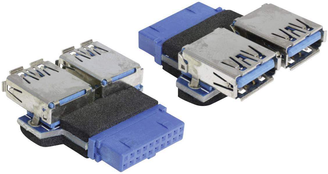 Dva modré, obdélníkové konektory s kovovým pouzdrem a několika piny, pravděpodobně USB porty, na bílém pozadí.
