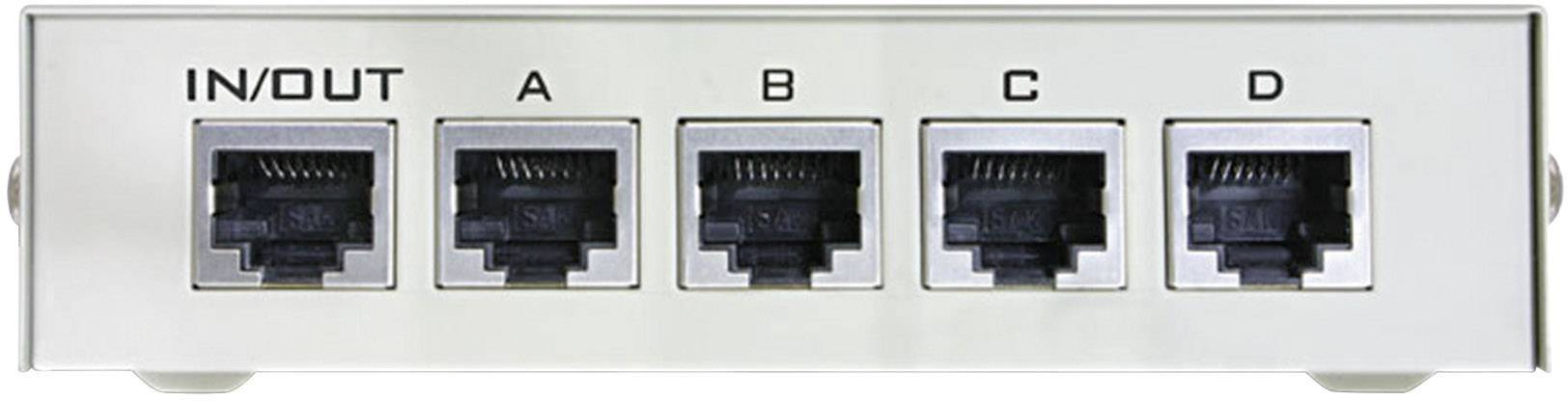 Zadní strana síťového switche s pěti ethernetovými porty, označenými IN/OUT, A, B, C, D.