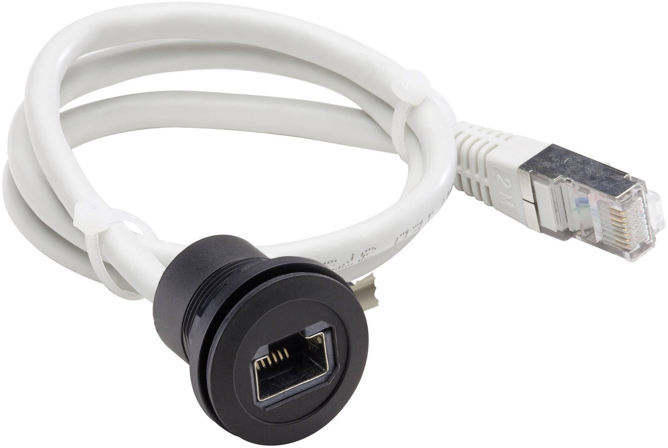 Bílý ethernetový kabel s černou vestavěnou zásuvkou a průhledným konektorem RJ-45, zobrazený v navinutém stavu.