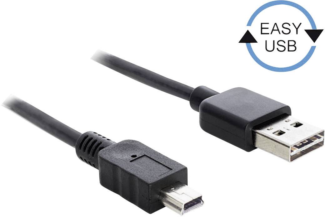 USB kabel se standardním a mini USB konektorem; symbol 'Easy USB' se šipkami poukazuje na reverzibilní připojitelnost.