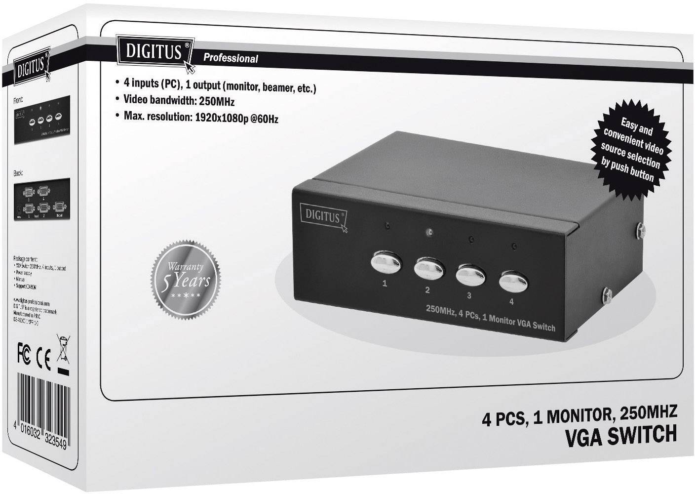 Čtyřportový VGA přepínač od Digustu pro připojení 4 počítačů k 1 monitoru. Rozlišení 1920x1080, šířka pásma videa 250 MHz.