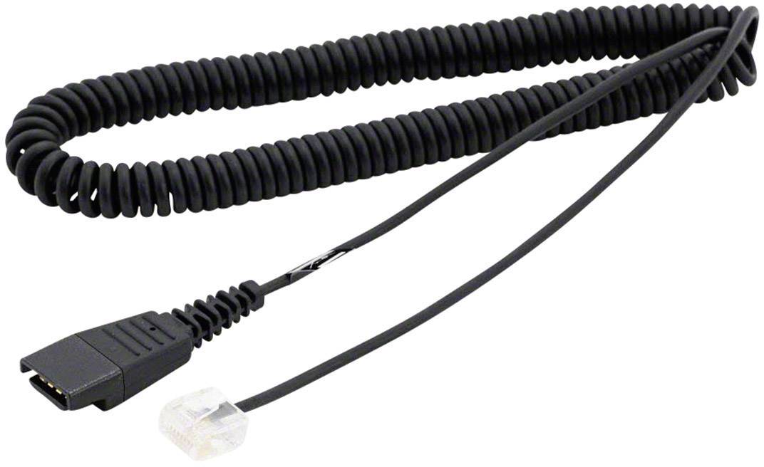 Černý spirálovitý telefonní kabel s modulárními konektory na obou koncích leží na bílém povrchu.