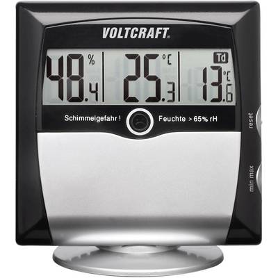 Obrázek zobrazuje digitální termo-hygrometr s údaji: '48,4% relativní vlhkosti', '25,3°C teploty', '13,6°C rosného bodu'.
