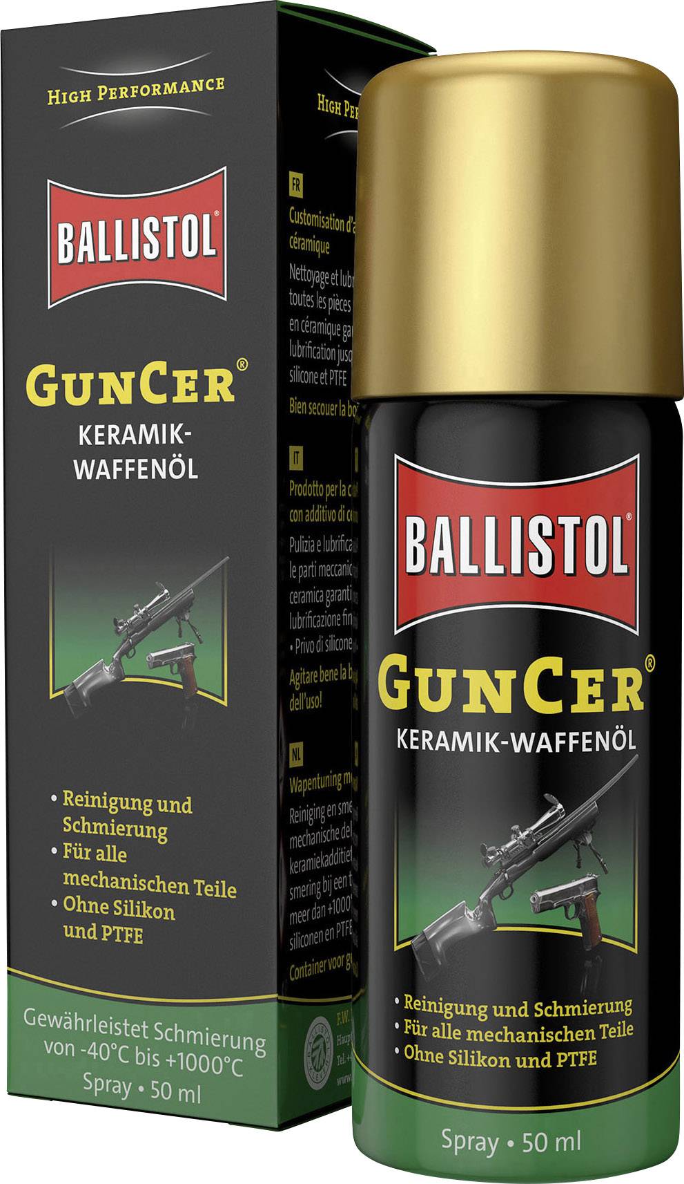 Sprej Ballistol GunCer keramický olej na zbraně, 50 ml. Pro čištění a mazání mechanických dílů. Obal obsahuje popis oleje.
