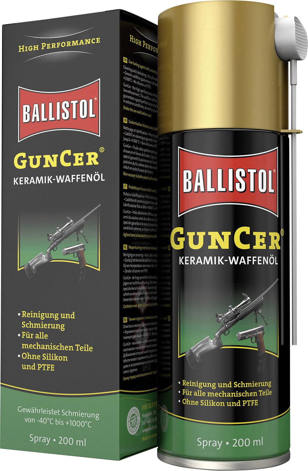 Ballistol GunCer keramický olej na zbraně, 200 ml sprej a balení, zdůrazňuje čištění a mazání mechanických dílů.