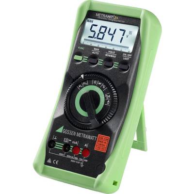 Digitální multimetr se zeleným pouzdrem zobrazuje na displeji '5,847 V', disponuje různými měřicími funkcemi a otočným voličem.