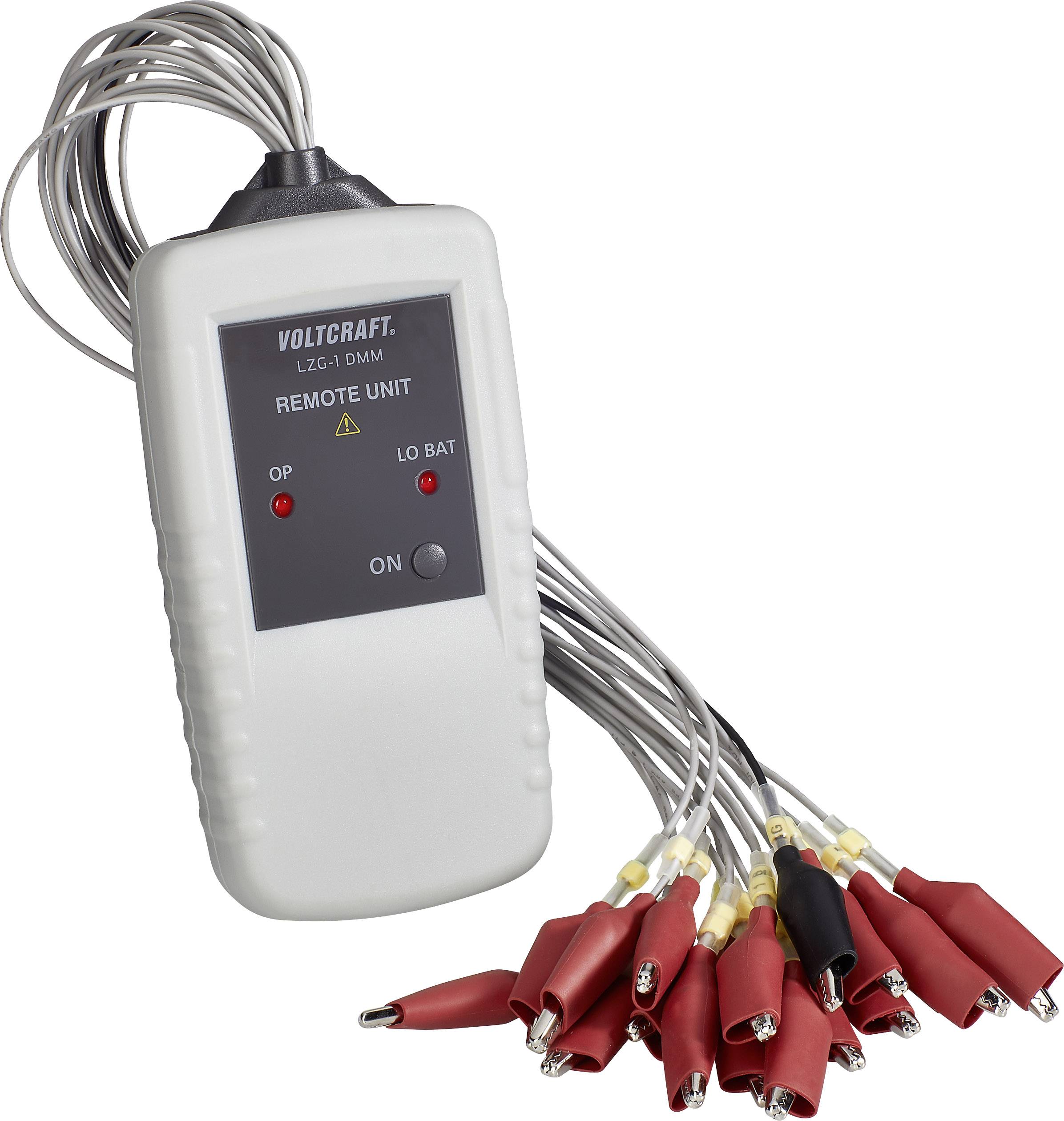 Jednotka Voltcraft LZG-1 MM Remote s několika kabely a krokosvorkami slouží k propojení a měření v elektrických obvodech.