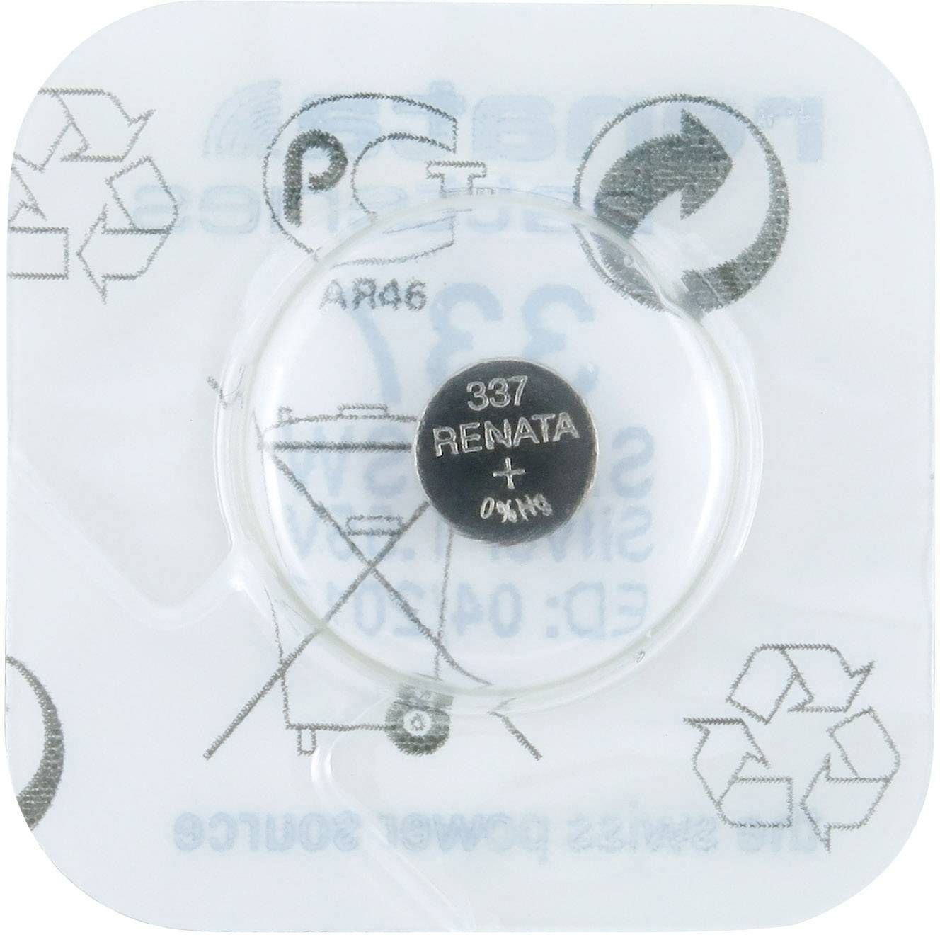 Knoflíková baterie 'Renata 337' v plastovém obalu, obklopená recyklačními symboly. Vhodná pro hodinky nebo malá elektronická zařízení.