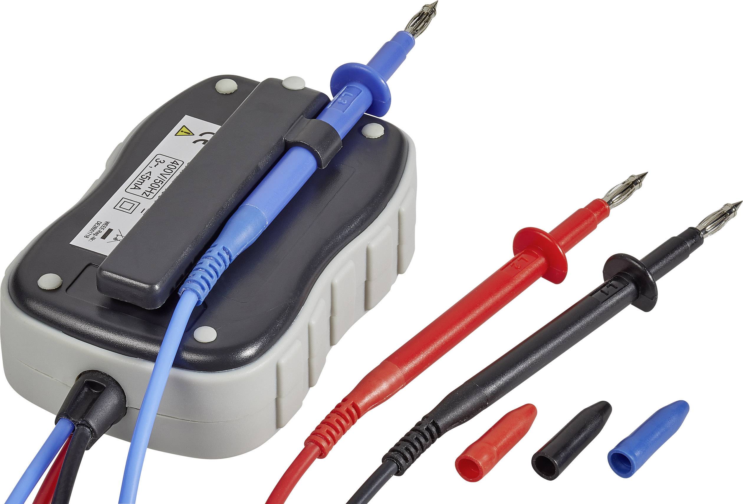 Elektrický měřicí přístroj se třemi zkušebními hroty v modré, červené a černé barvě. Používá se k měření elektrických hodnot.