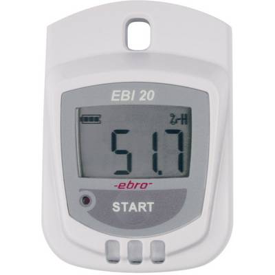 Teplotní datalogger EBI 20 s digitálním displejem ukazuje 51,7 jednotek. Startovací tlačítko a indikátor nabíjení jsou viditelné.