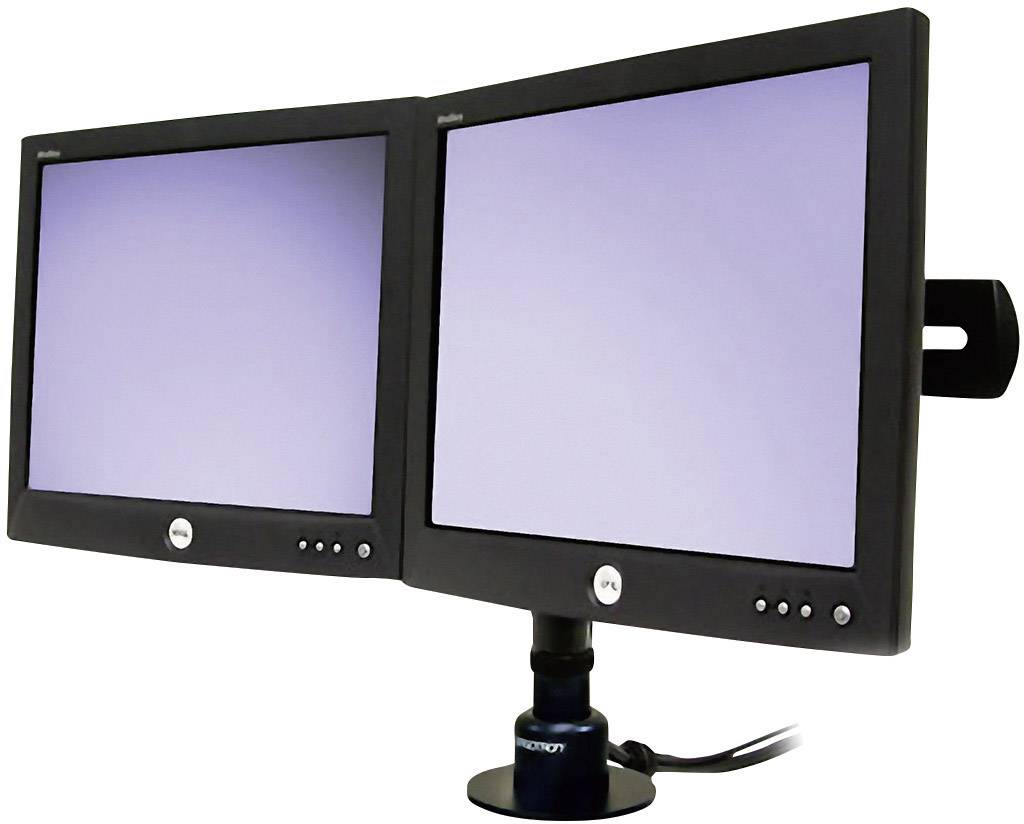 Dva počítačové monitory vedle sebe na stojanu pro dvojitý monitor, obrazovky jsou bílé.