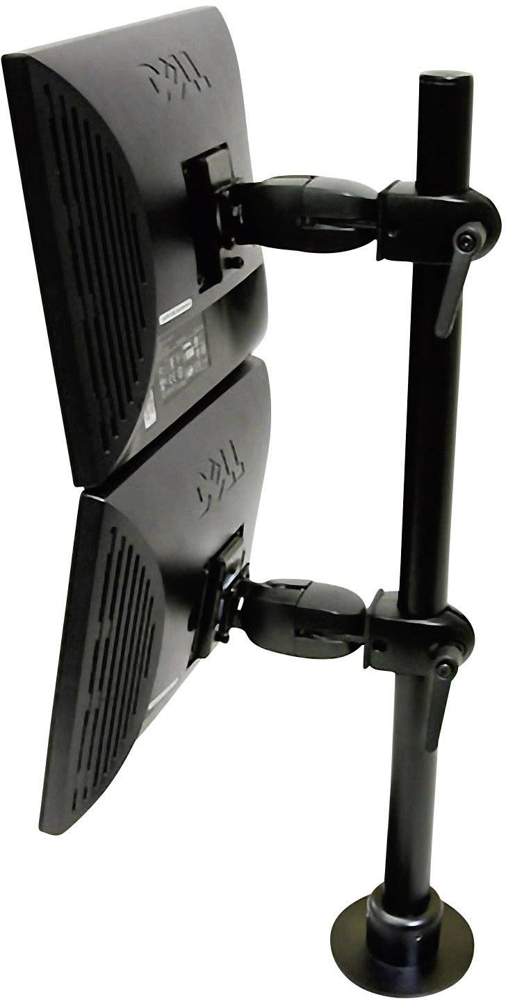 Dva černé monitory umístěné svisle nad sebou na nastavitelném stojanu, pohled z boku.