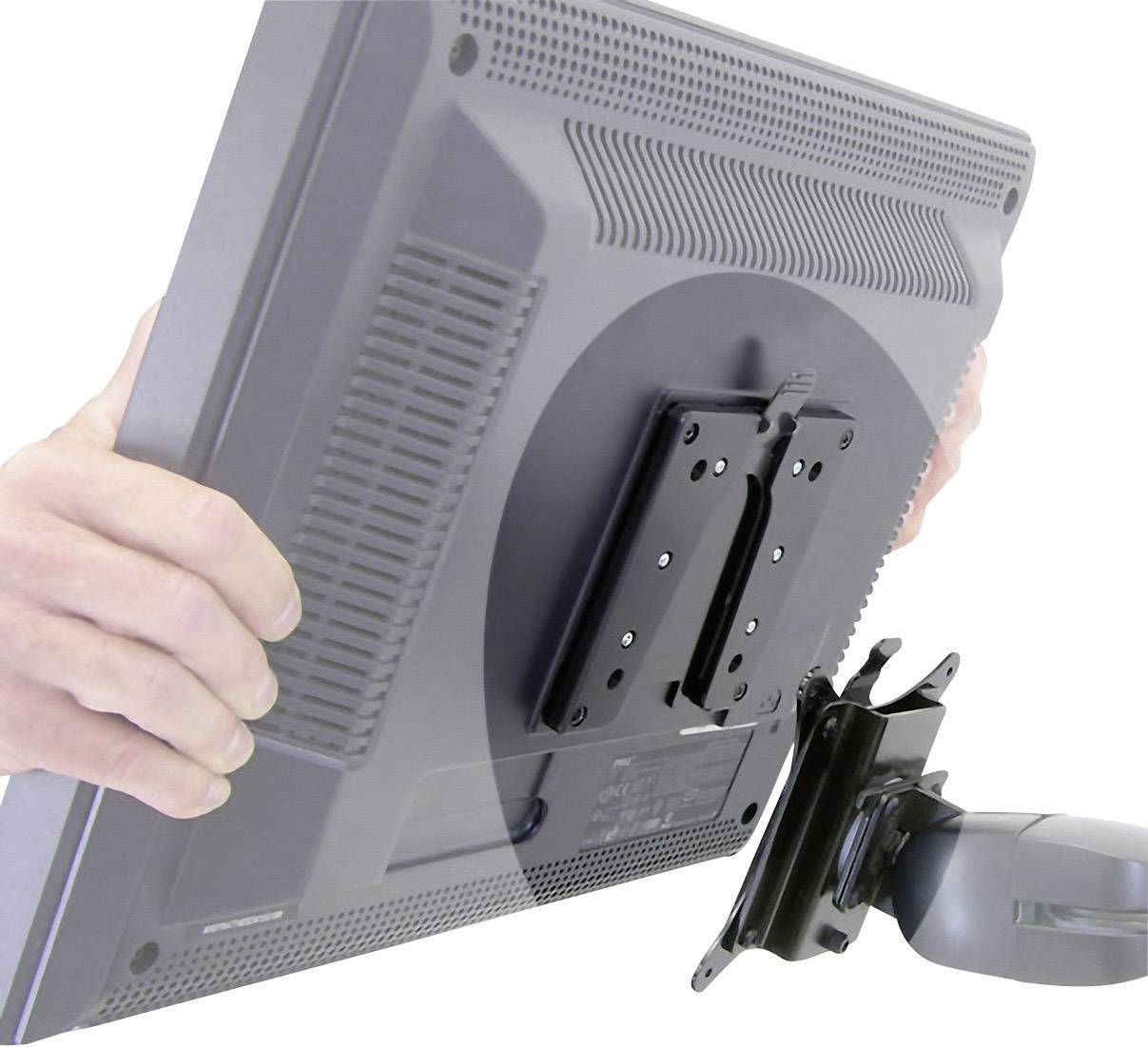 Detailní záběr osoby upevňující monitor na odnímatelný VESA držák za účelem vytvoření flexibilního uspořádání obrazovky.