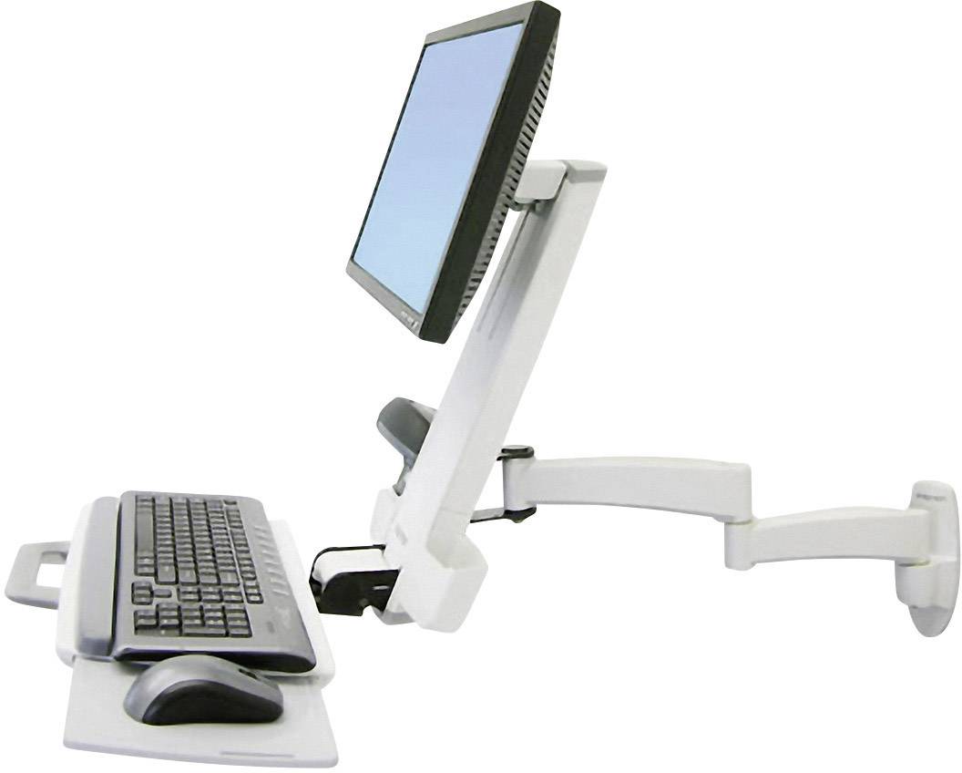 Výškově nastavitelné ergonomické rameno pracoviště s monitorem, klávesnicí a myší, upevněné na nástěnném držáku.