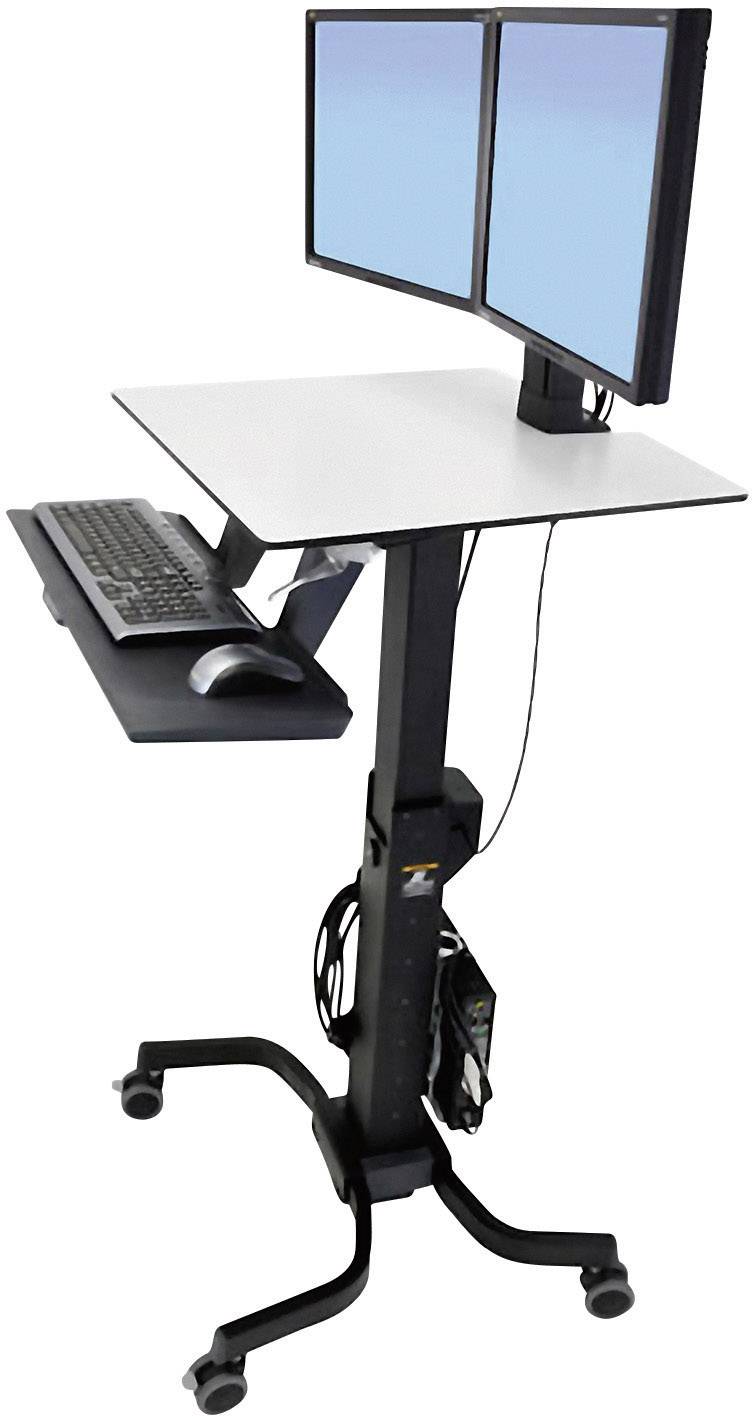 Mobilní výškově nastavitelný psací stůl se dvěma monitory, klávesnicí a myší. Ideální pro flexibilní pracovní prostředí.