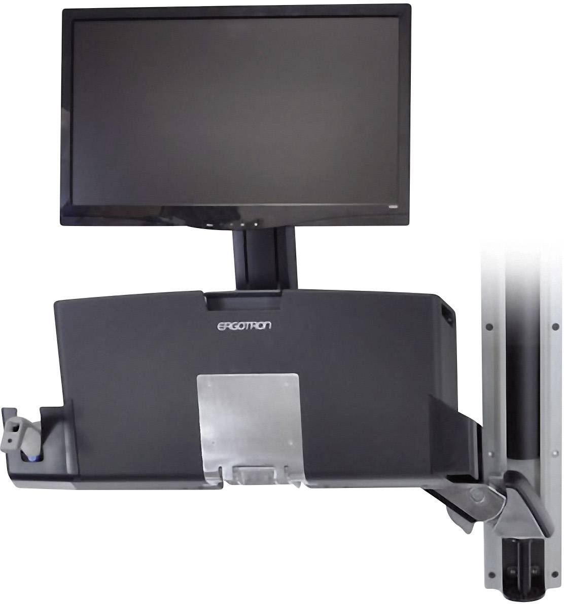 Nástěnný držák monitoru s namontovaným monitorem, vhodný pro ergonomická řešení pracovního prostoru.