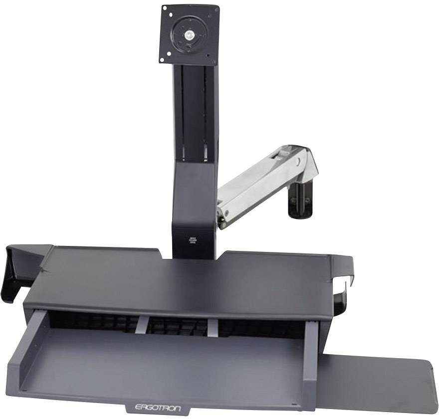 Výškově nastavitelné rameno monitoru od Ergotron s podložkou klávesnice, ideální pro ergonomickou práci ve stoje i vsedě.